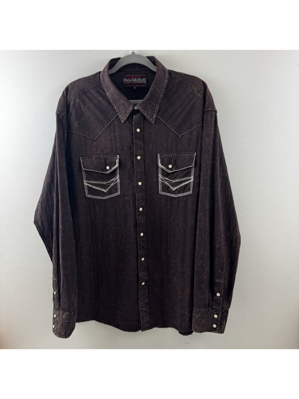 Rock and Roll Cowboy Mens XXL Brown Acid Wash Western Embroidered Snap Shirt